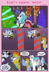 Size: 2400x3536 | Tagged: safe, artist:henbe, princess celestia, oc, oc:iron heart, earth pony, pegasus, pony, unicorn, g4, armor, candy canes, christmas, christmas tree, clothes, hearth's warming, high res, holiday, maid, mistletoe, pity the poor stud, royal guard, spread wings, tree, wingboner, wings