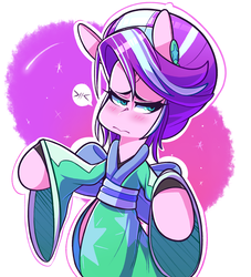 Size: 1513x1669 | Tagged: safe, artist:sourspot, starlight glimmer, semi-anthro, g4, alternate hairstyle, annoyed, bipedal, blushing, clothes, female, kimono (clothing), solo, standing