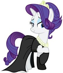 Size: 520x600 | Tagged: safe, artist:cheezedoodle96, rarity, pony, unicorn, g4, alternate hairstyle, audrey hepburn, breakfast at tiffany's, clothes, dress, eyeshadow, female, holly golightly, jewelry, lidded eyes, looking down, makeup, mare, necklace, pearl necklace, raised hoof, simple background, smiling, solo, tiara, white background