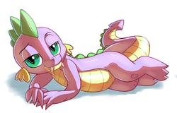 Size: 4000x2553 | Tagged: safe, artist:gsphere, spike, dragon, g4, bedroom eyes, belly button, fangs, lidded eyes, looking at you, male, on side, simple background, solo, stupid sexy spike, white background
