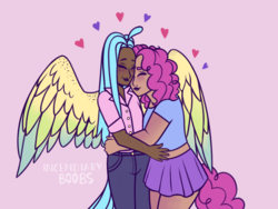 Size: 2048x1536 | Tagged: safe, artist:incendiarymoth, pinkie pie, princess skystar, human, g4, my little pony: the movie, blushing, clothes, cute, dark skin, eyes closed, female, freckles, hug, humanized, jeans, lesbian, pants, ship:skypie, shipping, skirt, tailed humanization, winged humanization, wings