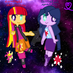 Size: 1024x1024 | Tagged: safe, artist:starryapollo5341, sunset shimmer, twilight sparkle, oc, equestria girls, g4, base used, female, magical lesbian spawn, mismatched eyes, offspring, parent:sunset shimmer, parent:twilight sparkle, parents:sunsetsparkle, sisters, smiling, what has science done