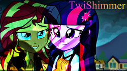 Size: 1024x576 | Tagged: safe, artist:blueaurastreakarts, sci-twi, sunset shimmer, twilight sparkle, equestria girls, g4, my little pony equestria girls: friendship games, banner, female, holding hands, lesbian, looking at each other, ship:sci-twishimmer, ship:sunsetsparkle, shipping