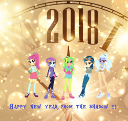 Size: 1661x1577 | Tagged: safe, artist:obeliskgirljohanny, indigo zap, lemon zest, sour sweet, sugarcoat, sunny flare, equestria girls, g4, 2018, happy new year, holiday, shadow five