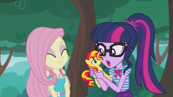 Size: 1272x716 | Tagged: safe, edit, edited screencap, screencap, fluttershy, sci-twi, sunset shimmer, twilight sparkle, equestria girls, g4, my little pony equestria girls: better together, text support, text support: fluttershy, :o, forest, geode of fauna, geode of telekinesis, holding a pony, open mouth, phone, tiny ponies