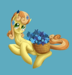 Size: 1656x1736 | Tagged: safe, artist:tzelly-el, junebug, earth pony, pony, g4, basket, female, flower, flower in hair, mare, on side, smiling, solo