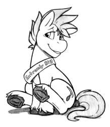 Size: 1280x1467 | Tagged: safe, artist:denzel, oc, oc only, oc:tin, pony, explicit source, male, monochrome, smiling, solo, tail wrap, underhoof, unshorn fetlocks