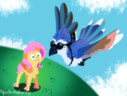 Size: 1106x840 | Tagged: safe, artist:mrraapeti, fluttershy, bird, blue jay, pegasus, pony, g4, female, grass, mare, smiling