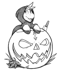 Size: 1280x1579 | Tagged: safe, artist:denzel, oc, oc only, oc:tin, pony, cape, clothes, explicit source, halloween, holiday, jack-o-lantern, knife, male, monochrome, pumpkin, solo, unshorn fetlocks