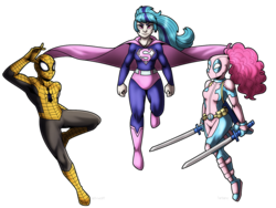 Size: 1200x900 | Tagged: safe, artist:faith-wolff, pinkie pie, sonata dusk, human, fanfic:the bridge, g4, clothes, cosplay, costume, deadpool, humanized, male, marvel, megalon, pinkiepool, ponk, simple background, spider-man, story in the source, superman, transparent background