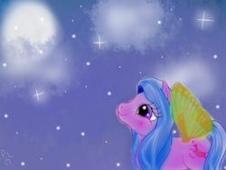Size: 1024x768 | Tagged: safe, artist:sugarytoxic, moon jumper, flutter pony, pony, g1, female, night, solo, stars, windy wing ponies