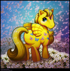 Size: 1020x1038 | Tagged: safe, artist:andrea-koupal, dancing butterflies, pegasus, pony, g1, female, flower, looking at you, looking back, looking back at you, mare, solo