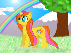Size: 1890x1417 | Tagged: safe, artist:khough, brights brightly, pony, unicorn, g3, female, grass, mare, mountain, mountain range, rainbow, solo, tree