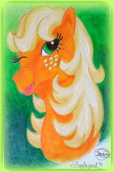 Size: 1018x1523 | Tagged: safe, artist:applejack-1982, applejack (g1), pony, g1, bust, female, looking at you, one eye closed, portrait, smiling, solo, traditional art, wink