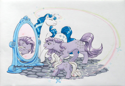 Size: 1133x784 | Tagged: safe, artist:solkatt, baby blossom, blossom, majesty, earth pony, pony, unicorn, g1, altered reflection, baby, baby pony, female, filly, foal, horn, magic, magic mirror, mare, mirror, obtrusive watermark, traditional art, trio, twirled her magic horn, watermark