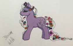Size: 1024x653 | Tagged: safe, artist:bumblesweet, blossom, pony, g1, female, flower, flower in hair, flower in tail, solo, traditional art