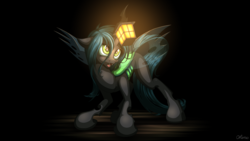 Size: 3840x2160 | Tagged: safe, artist:ohemo, queen chrysalis, changeling, changeling queen, g4, 4k, behaving like a moth, bugs doing bug things, carrot on a stick, female, high res, lamp, lantern, open mouth, solo, spread wings, standing, surprised, wings