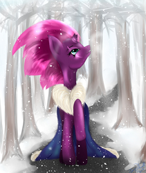 Size: 1014x1200 | Tagged: safe, artist:zomixnu, fizzlepop berrytwist, tempest shadow, pony, unicorn, g4, my little pony: the movie, broken horn, clothes, eye scar, female, forest, horn, mare, scar, snow, solo, tree, walking, winter