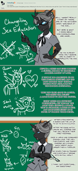 Size: 2000x4371 | Tagged: safe, artist:askbubblelee, queen chrysalis, oc, oc only, oc:imago, changeling, changeling queen, anthro, g4, anthro oc, birb, chalkboard, changeling oc, changeling queen oc, clothes, dialogue, educational, fangs, female, glasses, hair bun, solo, teacher