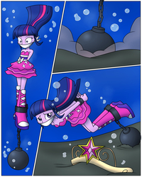 Size: 1600x2000 | Tagged: safe, artist:nivek15, twilight sparkle, alicorn, human, equestria girls, g4, aladdin, arm behind back, asphyxiation, ball and chain, bondage, boots, bound, bubble, chained, cloth gag, clothes, comic, dress, drowning, element of magic, fall formal outfits, female, gag, hands behind back, imminent death, looking at you, murder, scared, shoes, solo, twilight sparkle (alicorn), underwater