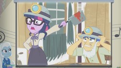 Size: 1280x720 | Tagged: safe, screencap, flash sentry, sci-twi, trixie, twilight sparkle, equestria girls, g4, happily ever after party, happily ever after party: applejack, my little pony equestria girls: better together, beard, clothes, facial hair, glasses, helmet, shipping fuel, skirt, wrinkles