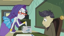 Size: 1280x720 | Tagged: safe, screencap, cranky doodle donkey, rarity, equestria girls, g4, happily ever after party, happily ever after party: rarity, my little pony equestria girls: better together, canterlot high, classroom, clothes, desk, glasses, glasses rarity, projector, rarity's glasses, school