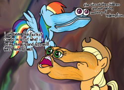Size: 764x553 | Tagged: safe, artist:distancedpsyche, applejack, rainbow dash, g4, abomination, are you frustrated?, cowbo, cursed image, meme, my name is called woody and i am having a snake in my shoes, not salmon, parody, parody of a parody, toy story, wat, where is your god now?, wtf