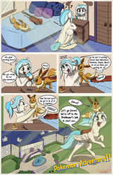 Size: 3300x5100 | Tagged: safe, artist:floofyfoxcomics, oc, oc:lesa castle, eevee, pegasus, pony, brushing, comic, crossover, female, mansion, mare, pokémon, speech bubble