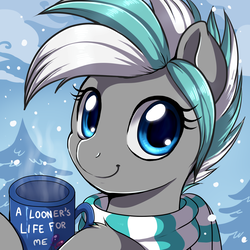 Size: 1500x1500 | Tagged: safe, artist:evomanaphy, oc, oc only, oc:magix, pony, balloon, blue eyes, bust, clothes, cute, cyan mane, female, gray coat, looking at you, mare, mug, portrait, scarf, smiling, snow, solo, white mane