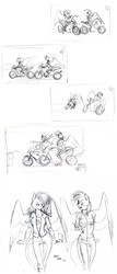 Size: 900x2108 | Tagged: safe, artist:baron engel, fluttershy, rainbow dash, anthro, g4, breasts, grayscale, monochrome, motorcycle, wip