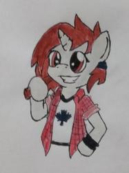 Size: 334x446 | Tagged: safe, artist:mystic bolt, oc, oc only, oc:maple, pony, unicorn, flannel, hair tie, painting, solo, toronto maple leafs, traditional art