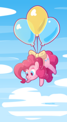 Size: 2384x4284 | Tagged: safe, artist:batonya12561, pinkie pie, earth pony, pony, g4, balloon, bow, cloud, cute, diapinkes, female, floating, mare, sky, solo, then watch her balloons lift her up to the sky