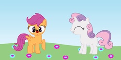 Size: 1800x900 | Tagged: safe, artist:phantomshadow051, scootaloo, sweetie belle, ladybug, g4, insect on nose