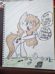 Size: 1536x2048 | Tagged: safe, artist:alexiatherook, oc, oc only, oc:alexiatherook, pony, g4, rock solid friendship, bipedal, broken pencil, crazy face, crumpled, faic, paint bucket, sketchbook, solo, traditional art