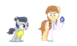 Size: 806x487 | Tagged: safe, artist:drypony198, rumble, oc, oc:cream heart, earth pony, pony, g4, clock, clothes, grin, hoof hold, rick and morty, shirt, simple background, smiling, white background
