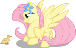 Size: 1913x1215 | Tagged: safe, artist:tuppkam1, fluttershy, pony, g4, duckling, female, flower, flower in hair, lightly watermarked, prone, simple background, solo, transparent background, watermark