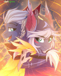 Size: 1000x1250 | Tagged: safe, artist:redchetgreen, pony, clothes, crossover, female, league of legends, male, mare, open mouth, ponified, rakan, smiling, stallion, xayah