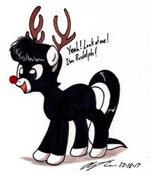 Size: 984x1137 | Tagged: safe, artist:newyorkx3, oc, oc only, oc:tommy junior, earth pony, pony, antlers, cute, dialogue, ocbetes, rudolph the red nosed reindeer, solo, traditional art