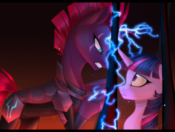 Size: 3150x2385 | Tagged: safe, artist:mp-printer, tempest shadow, twilight sparkle, alicorn, pony, unicorn, g4, my little pony: the movie, armor, eye scar, high res, magic, scar, scene interpretation, twilight sparkle (alicorn)