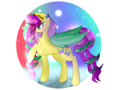 Size: 1024x762 | Tagged: safe, artist:anasflow, oc, oc only, pegasus, pony, colored wings, female, floral head wreath, flower, mare, solo