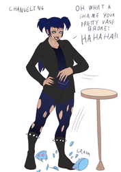 Size: 1060x1500 | Tagged: safe, artist:annon, changeling, human, clothes, dialogue, eyeliner, eyeshadow, female, humanized, jacket, leather boots, leather jacket, leather skirt, leggings, lipstick, makeup, ponytails, pre-bimbo, pure unfiltered evil, solo, talking to viewer, torn clothes, vase