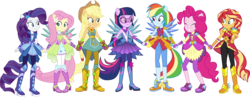 Size: 9000x3486 | Tagged: safe, alternate version, artist:limedazzle, applejack, fluttershy, pinkie pie, rainbow dash, rarity, sci-twi, sunset shimmer, twilight sparkle, alicorn, equestria girls, g4, my little pony equestria girls: legend of everfree, absurd resolution, applejack's hat, boots, clothes, cowboy boots, cowboy hat, crystal guardian, hat, high heel boots, holding hands, humane five, humane seven, humane six, leather, leather boots, magical geodes, ponied up, shoes, show accurate, simple background, smiling, transparent background, twilight sparkle (alicorn), visor