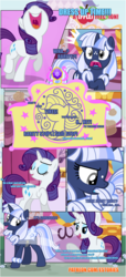 Size: 1919x4225 | Tagged: safe, artist:estories, rarity, oc, oc:silverlay, original species, pony, umbra pony, unicorn, comic:a(pple)ffection, g4, comic, female, mare, nose in the air, saddle, tack