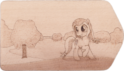 Size: 2810x1606 | Tagged: safe, artist:malte279, oc, oc only, oc:colonia, earth pony, pony, lake, mascot, pyrography, traditional art