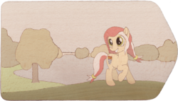 Size: 2816x1614 | Tagged: safe, artist:malte279, oc, oc only, oc:colonia, earth pony, pony, lake, mascot, pyrography, traditional art