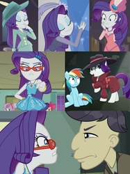 Size: 2048x2732 | Tagged: safe, screencap, cranky doodle donkey, rainbow dash, rarity, equestria girls, equestria girls series, g4, happily ever after party, rarity investigates, rarity investigates: the case of the bedazzled boot, amethyst, clothes, detective, detective rarity, dress, eyes closed, eyeshadow, feather, fedora, glasses, glasses rarity, happily ever after party: rarity, hat, high res, makeup, pillbox hat, rarity investigates (eqg): applejack, rarity investigates (eqg): pinkie pie, rarity investigates (eqg): trixie, rarity's glasses, sitting, suit, trenchcoat