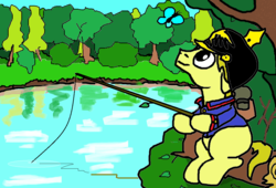 Size: 1201x819 | Tagged: safe, artist:coolumbus, oc, oc only, pony, fishing, fishing rod, forest, franco-prussian war, ms paint, pickelhaube, pond, prussia, prussian, solo, tree