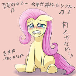 Size: 2952x2952 | Tagged: safe, artist:sumin6301, fluttershy, pegasus, pony, g4, crying, female, floppy ears, fluttercry, gritted teeth, high res, japanese, mare, sad, sitting, solo, teary eyes, translation request