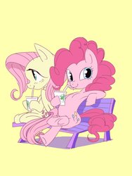 Size: 1224x1632 | Tagged: safe, artist:manmaru00, derpibooru exclusive, fluttershy, pinkie pie, pony, g4, armpits, bench, drink, drinking, duo, hoof hold, looking at you, simple background, sitting, yellow background