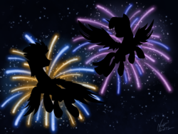 Size: 2730x2048 | Tagged: safe, artist:nightpaint12, flash sentry, twilight sparkle, alicorn, pegasus, pony, g4, female, fireworks, flying, happy new year, high res, holiday, looking back, male, mare, night, ship:flashlight, shipping, silhouette, stallion, straight, twilight sparkle (alicorn)